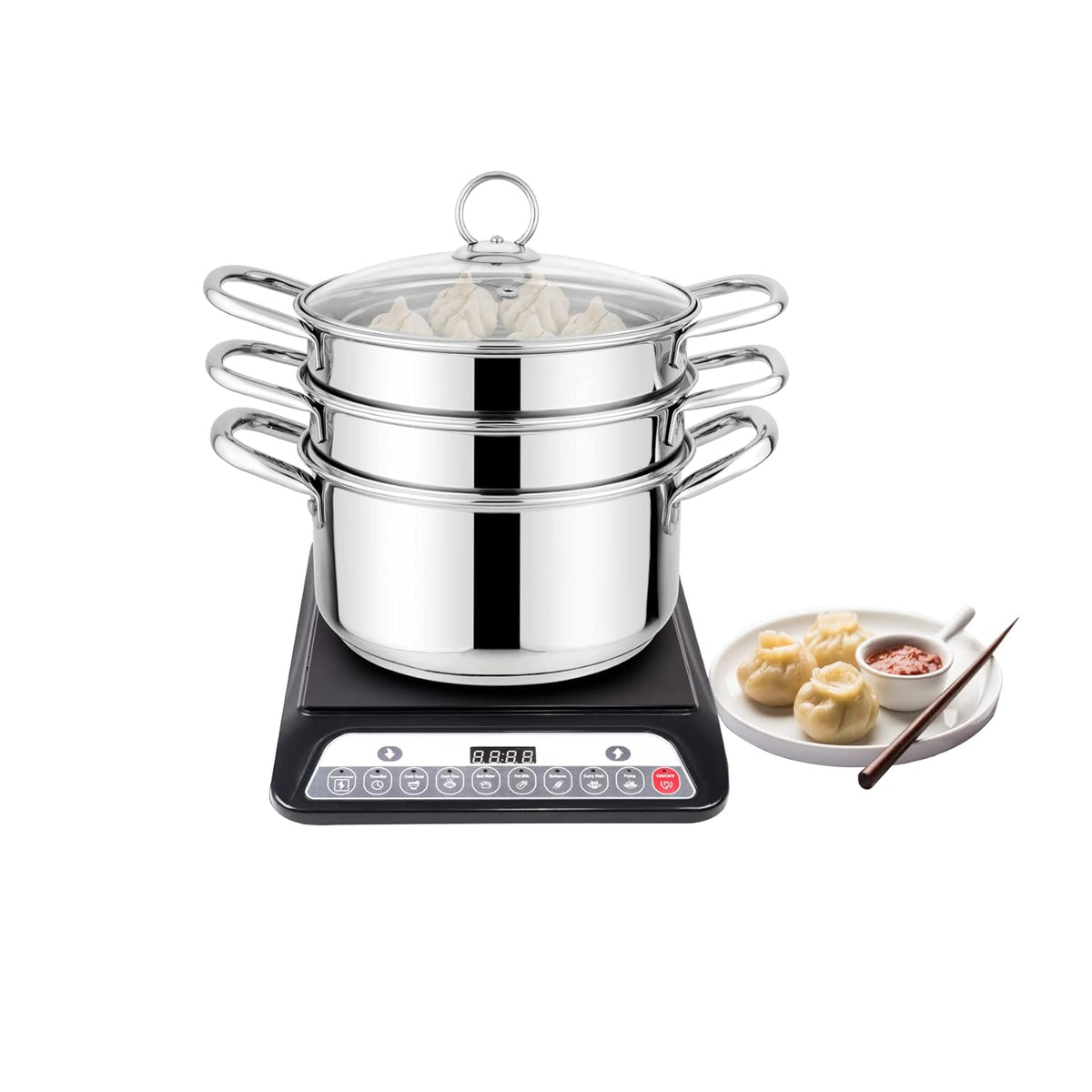 Stainless Steel Induction Base Steamer With Transparent Glass Lid, 3 Tier