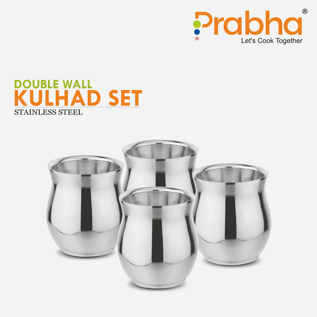 Stainless Steel Double Wall Kulhad Set for Water/Tea (Pack of 4)