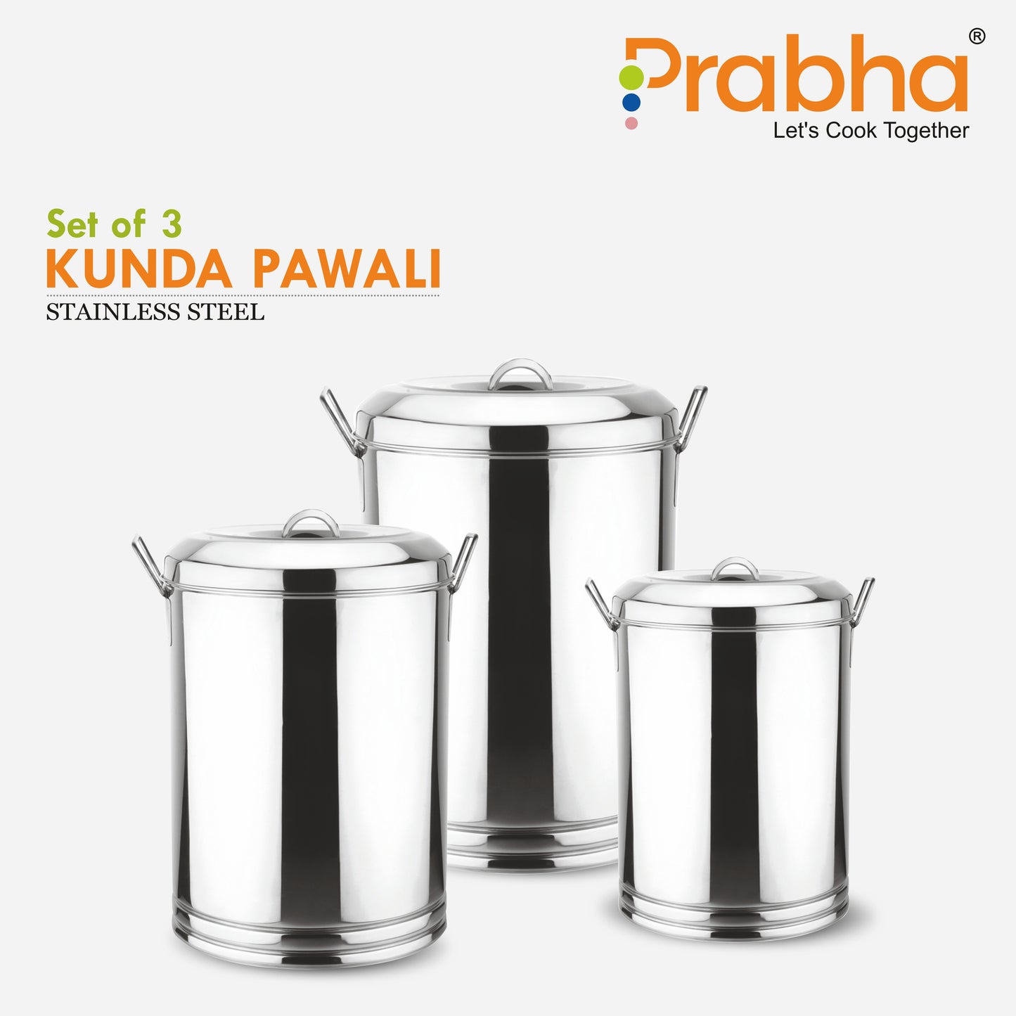 Stainless Steel Kunda Pawali Set of 3 (14", 16" 18") Storage Solution for Cereals