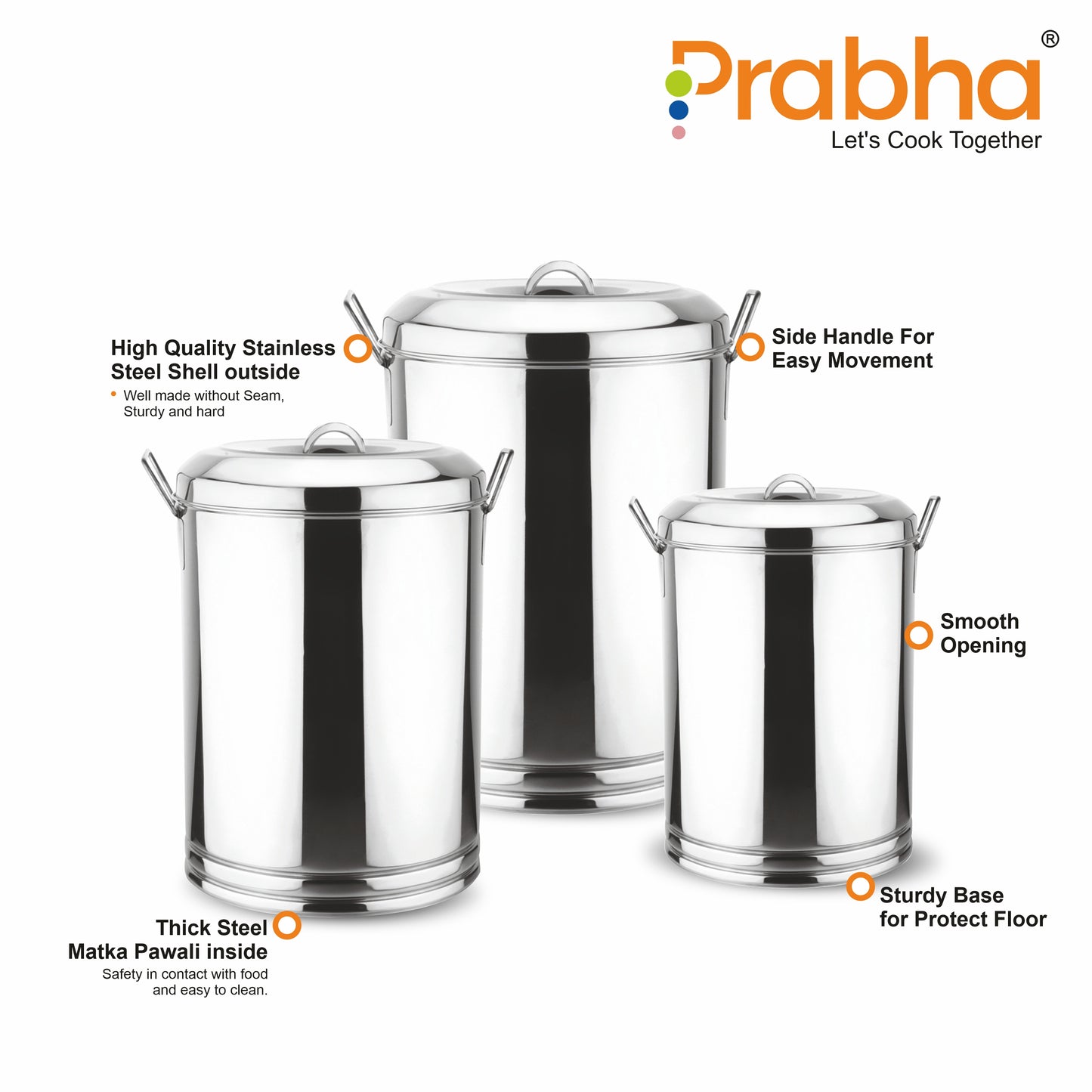 Stainless Steel Kunda Pawali Set of 3 (14", 16" 18") Storage Solution for Cereals