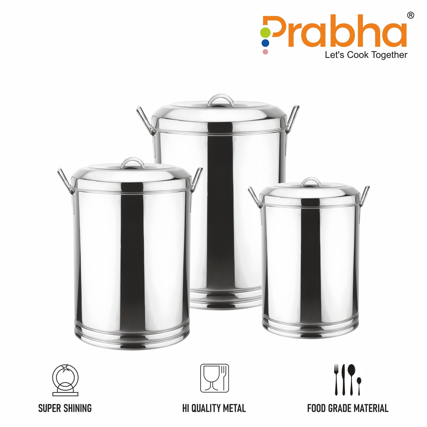 Stainless Steel Kunda Pawali Set of 3 (14", 16" 18") Storage Solution for Cereals