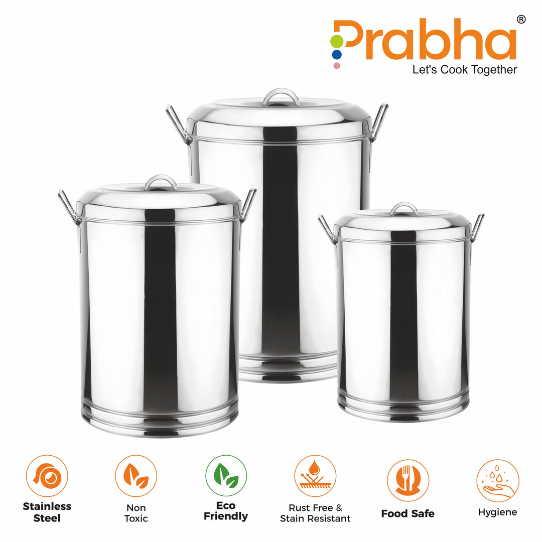 Stainless Steel Kunda Pawali Set of 3 (14", 16" 18") Storage Solution for Cereals