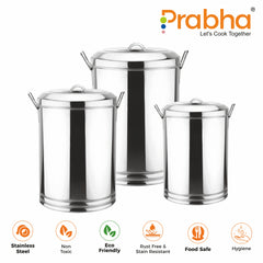 Stainless Steel Kunda Pawali Set of 3 (14", 16" 18") Storage Solution for Cereals