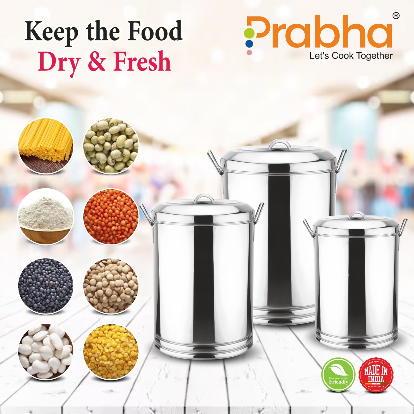 Stainless Steel Kunda Pawali Set of 3 (14", 16" 18") Storage Solution for Cereals