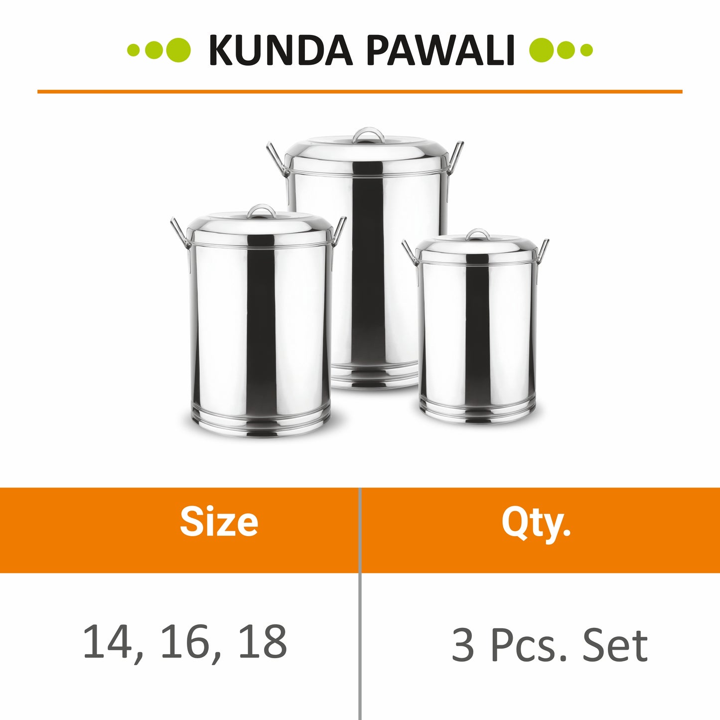 Stainless Steel Kunda Pawali Set of 3 (14", 16" 18") Storage Solution for Cereals