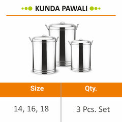 Stainless Steel Kunda Pawali Set of 3 (14", 16" 18") Storage Solution for Cereals