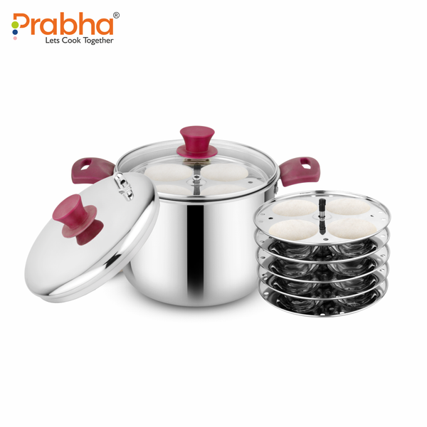 Omega Triply Multi Idli Pot with 5 Idli Plates, Steel & Glass Lid