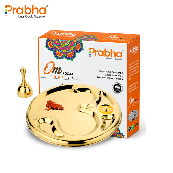 Premium Stainless Steel PVD Gold Om Puja Thali with Ring Bell (Ghanti) – For Home & Office Temple