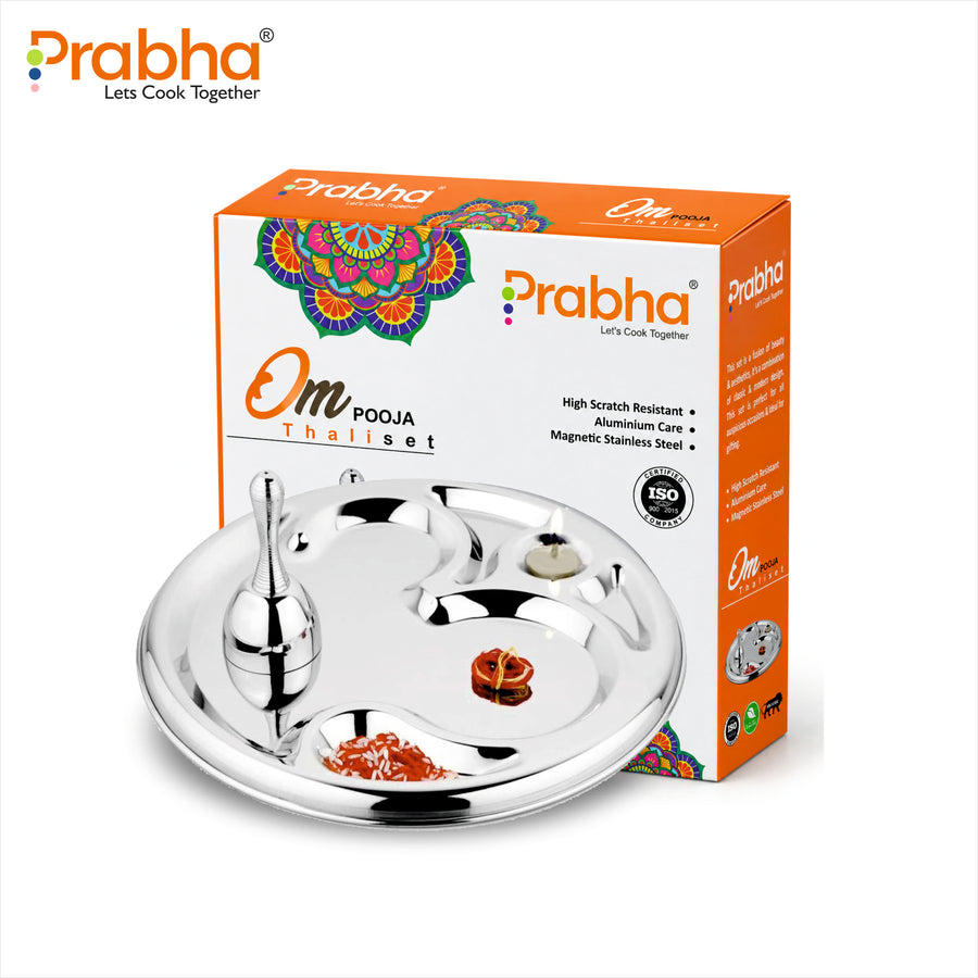 Prabha Stainless Steel Om Puja Thali with Ring Bell (Ghanti) – For Home & Office Temple