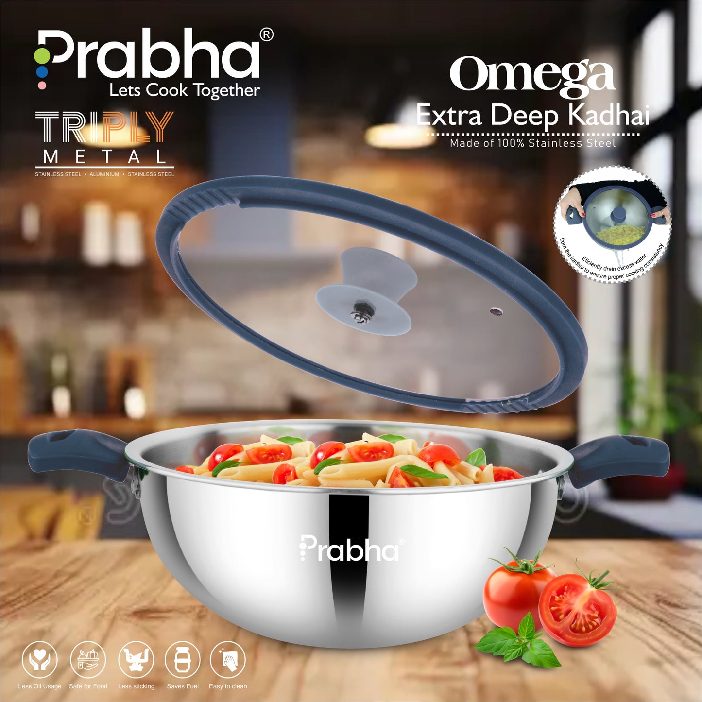 Omega Tri-Ply Extra Deep Kadhai With Glass Lid
