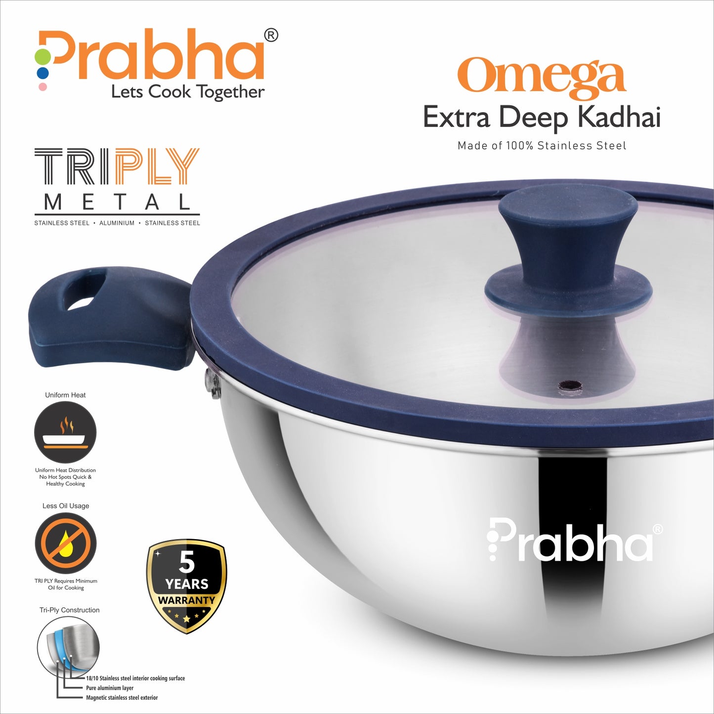 Omega Tri-Ply Extra Deep Kadhai With Glass Lid