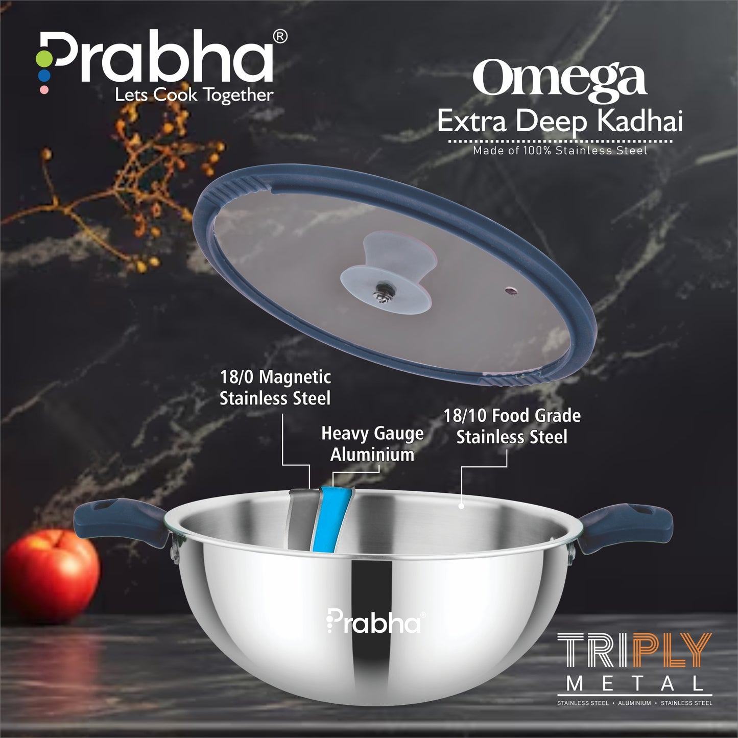 Omega Tri-Ply Extra Deep Kadhai With Glass Lid