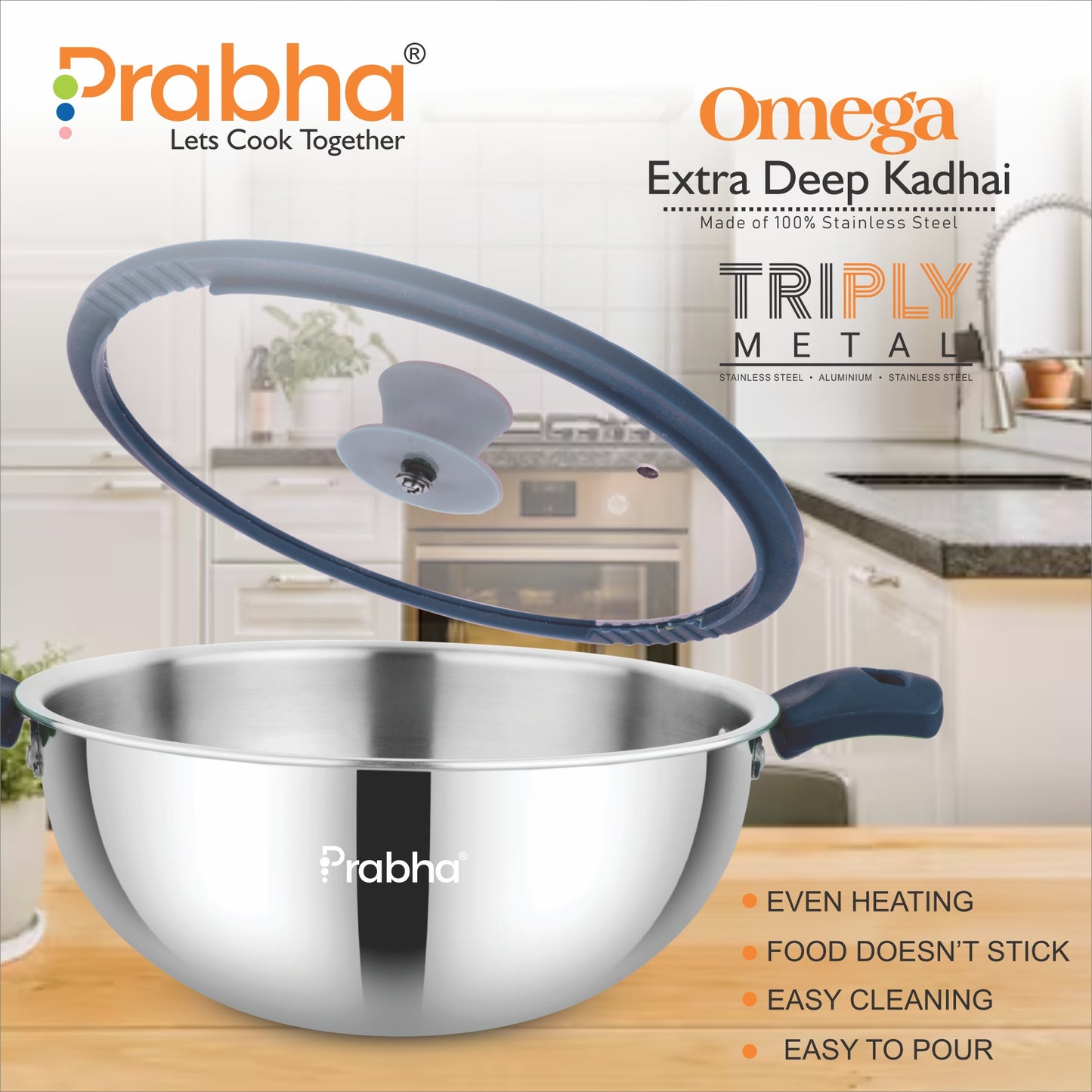 Omega Tri-Ply Extra Deep Kadhai With Glass Lid