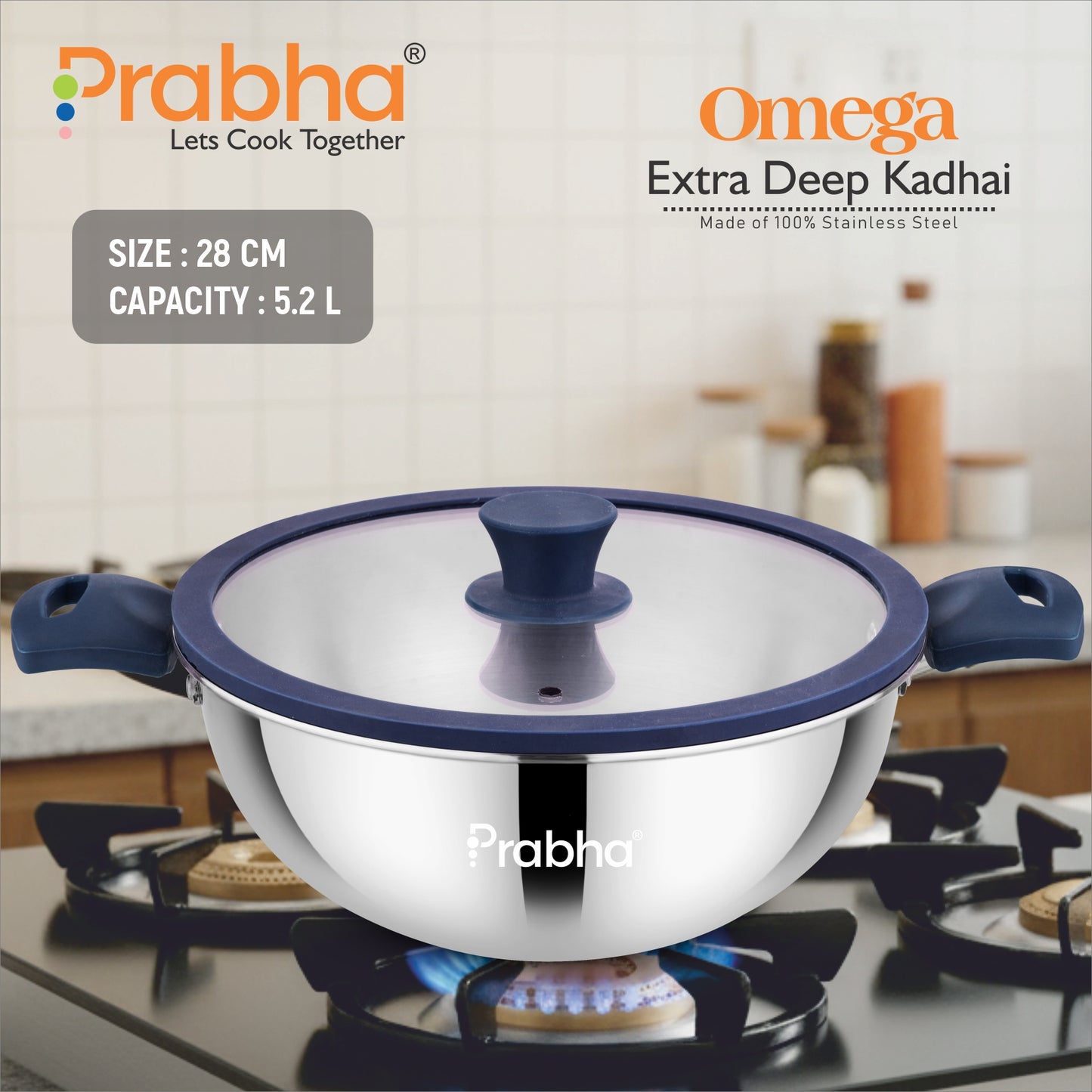 Omega Tri-Ply Extra Deep Kadhai With Glass Lid
