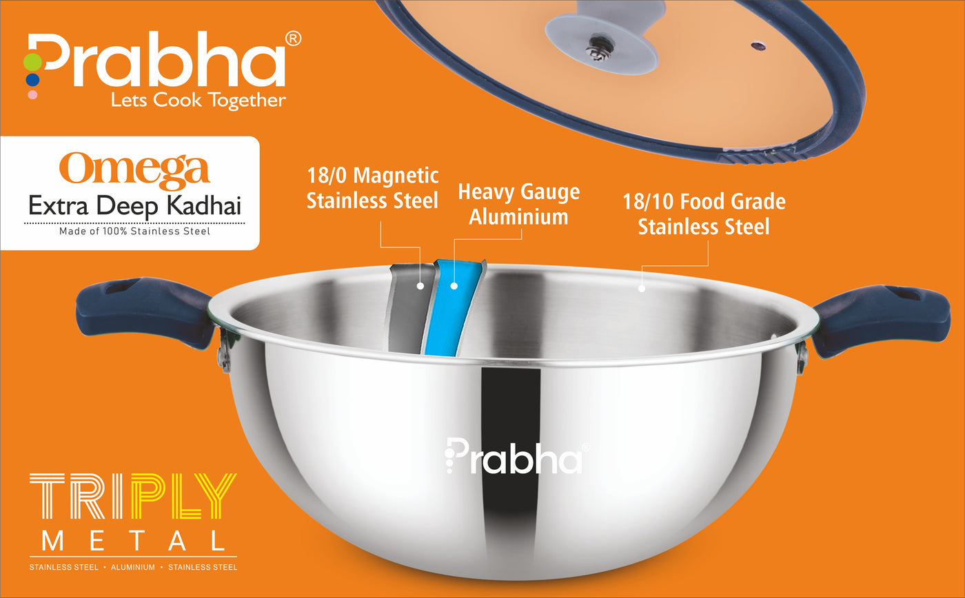 Omega Tri-Ply Extra Deep Frying Kadhai with Glass Lid | Premium Stainless Steel Oil Drainer Design
