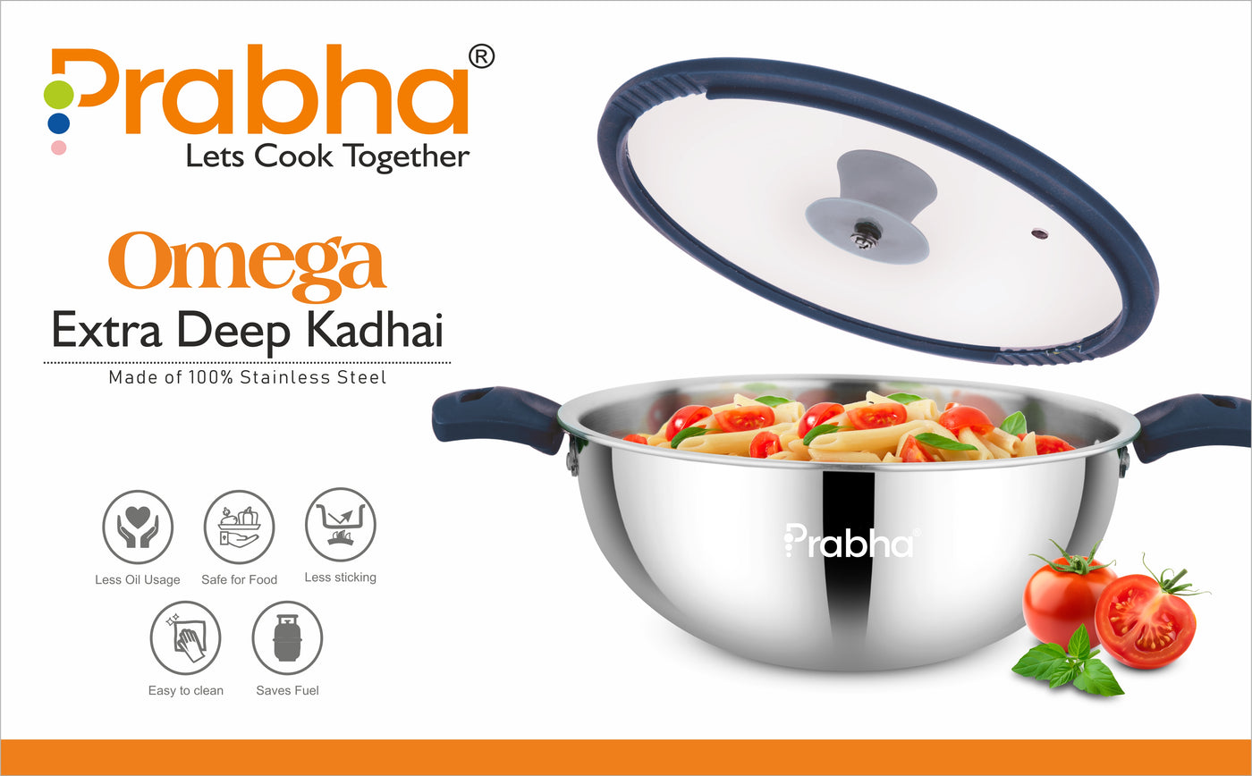 Omega Tri-Ply Extra Deep Frying Kadhai with Glass Lid | Premium Stainless Steel Oil Drainer Design
