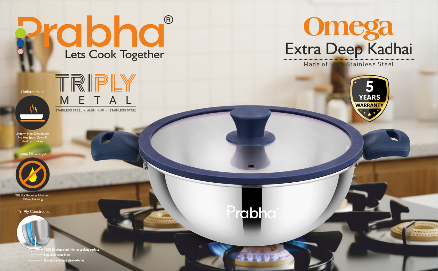 Omega Tri-Ply Extra Deep Frying Kadhai with Glass Lid | Premium Stainless Steel Oil Drainer Design