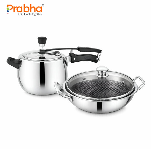 ProChef Tri-Ply Ultimate Kitchen Combo – Curve Pressure Cooker & Schild Stick-Resistant Kadhai with Glass Lid