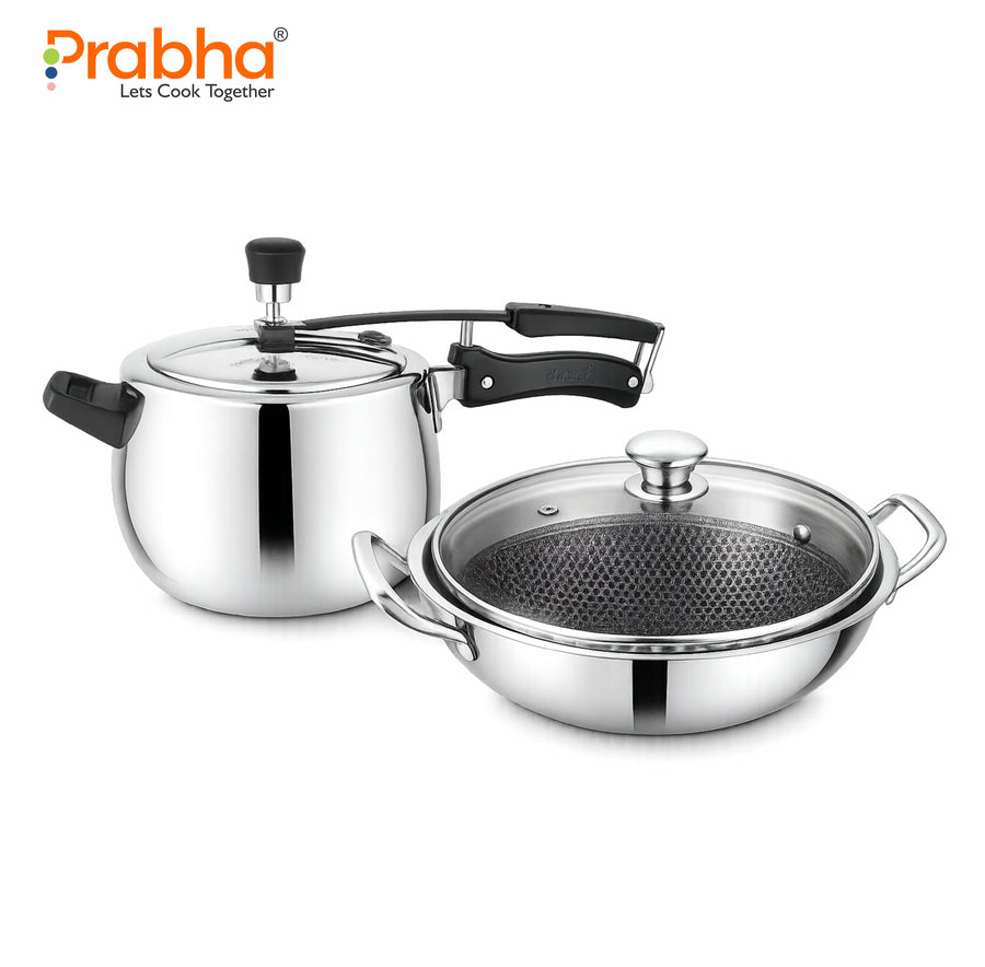 ProChef Tri-Ply Ultimate Kitchen Combo – Curve Pressure Cooker & Schild Stick-Resistant Kadhai with Glass Lid