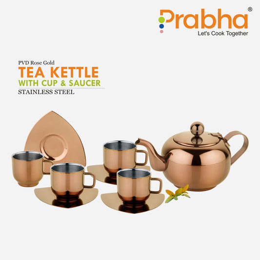 Stainless Steel Tea Kettle With Cup & Saucer Set - PVD Rose Gold Coating