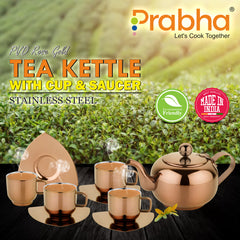 Stainless Steel Tea Kettle With Cup & Saucer Set - PVD Rose Gold Coating
