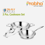 गैलरी व्यूवर में इमेज लोड करें, Prima Tri-Ply Induction Base Stainless Steel 3Pcs Cookware Set - Kadhai With Lid 24cm / Frypan 22cm