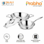 Load image into Gallery viewer, Prima Tri-Ply Induction Base Stainless Steel 3Pcs Cookware Set - Kadhai With Lid 24cm / Frypan 22cm