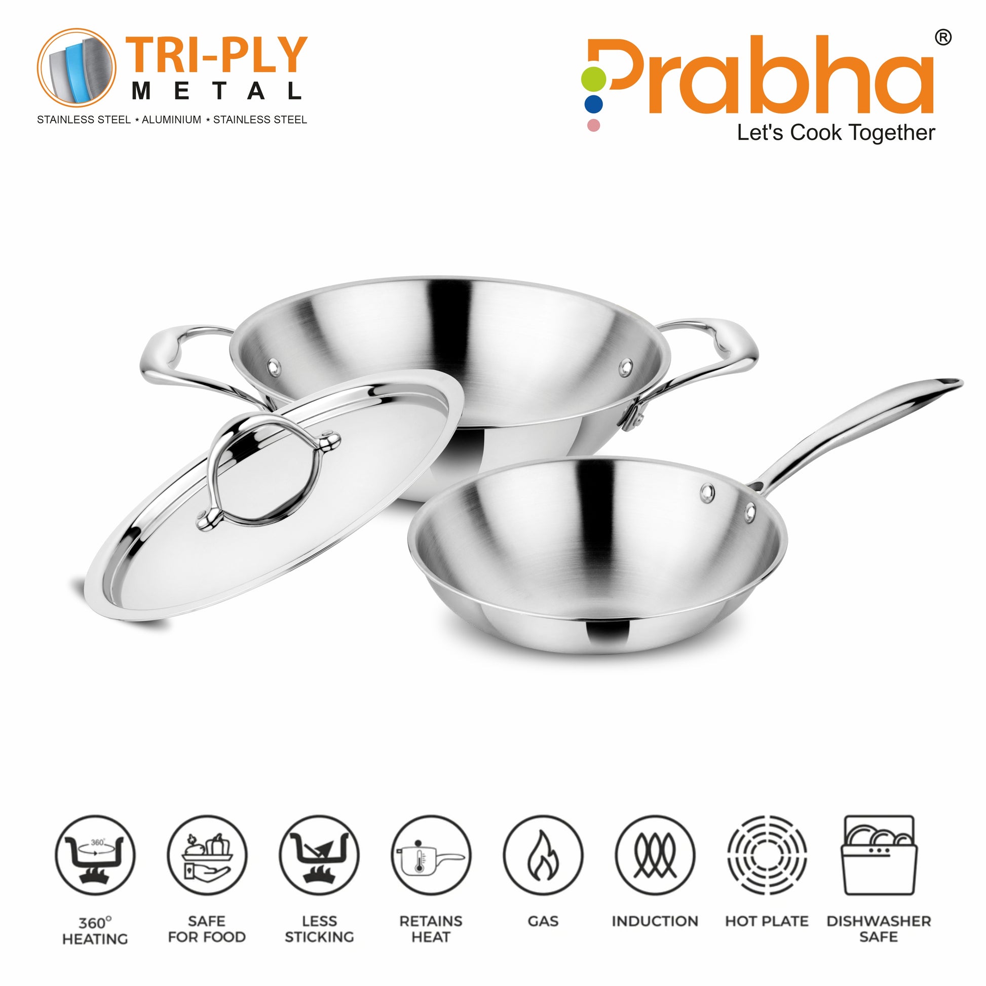 Prima Tri-Ply Induction Base Stainless Steel 3Pcs Cookware Set Kadhai With Lid 24cm Frypan 22cm