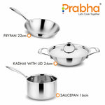 गैलरी व्यूवर में इमेज लोड करें, Prima Tri-Ply Induction Base Stainless Steel 4Pcs Cookware Set - Kadhai With Lid 24cm / Frypan 22cm / Sauce Pan 16cm