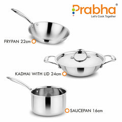 Prima Tri-Ply Induction Base Stainless Steel 4Pcs Cookware Set - Kadhai With Lid 24cm / Frypan 22cm / Sauce Pan 16cm