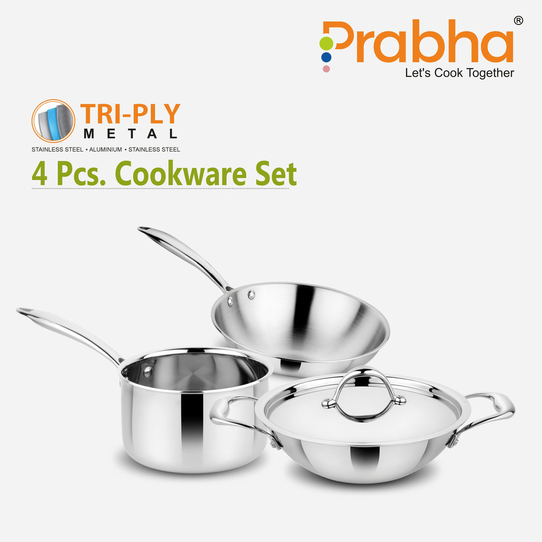 Prima Tri-Ply Induction Base Stainless Steel 4Pcs Cookware Set - Kadhai With Lid 24cm / Frypan 22cm / Sauce Pan 16cm