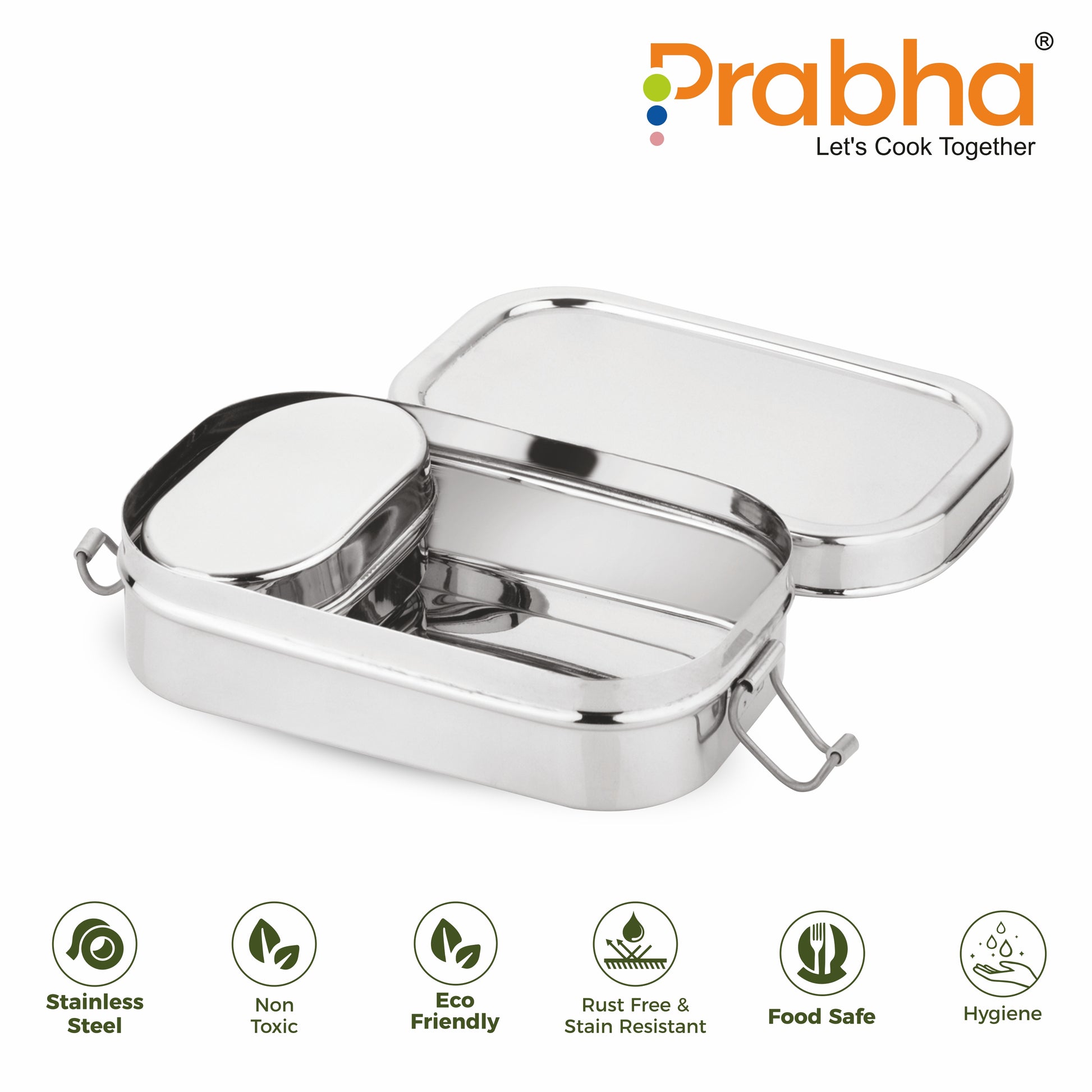 Stainless Steel Rectangle Lunch Box, Leak-Proof Container - Prabha