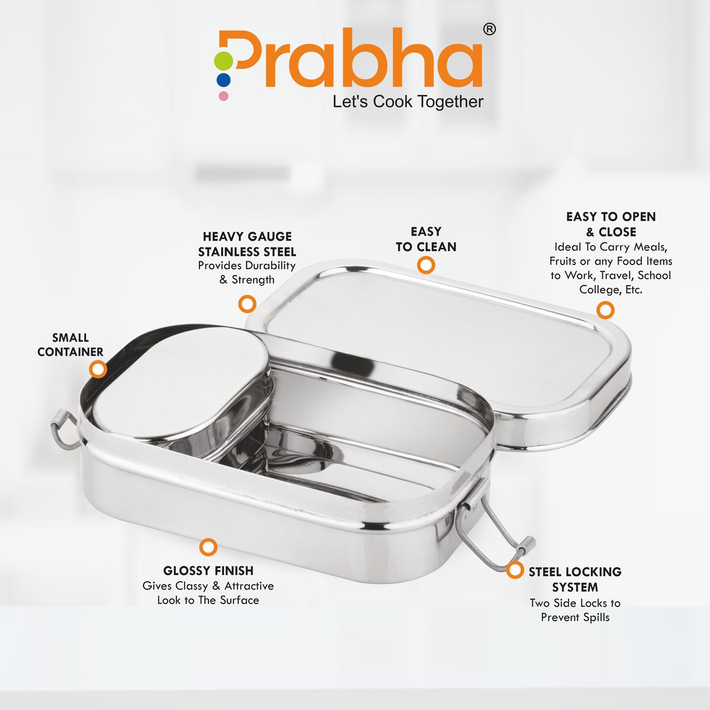 Stainless Steel Rectangle Lunch Box, Leak-Proof Container - Prabha