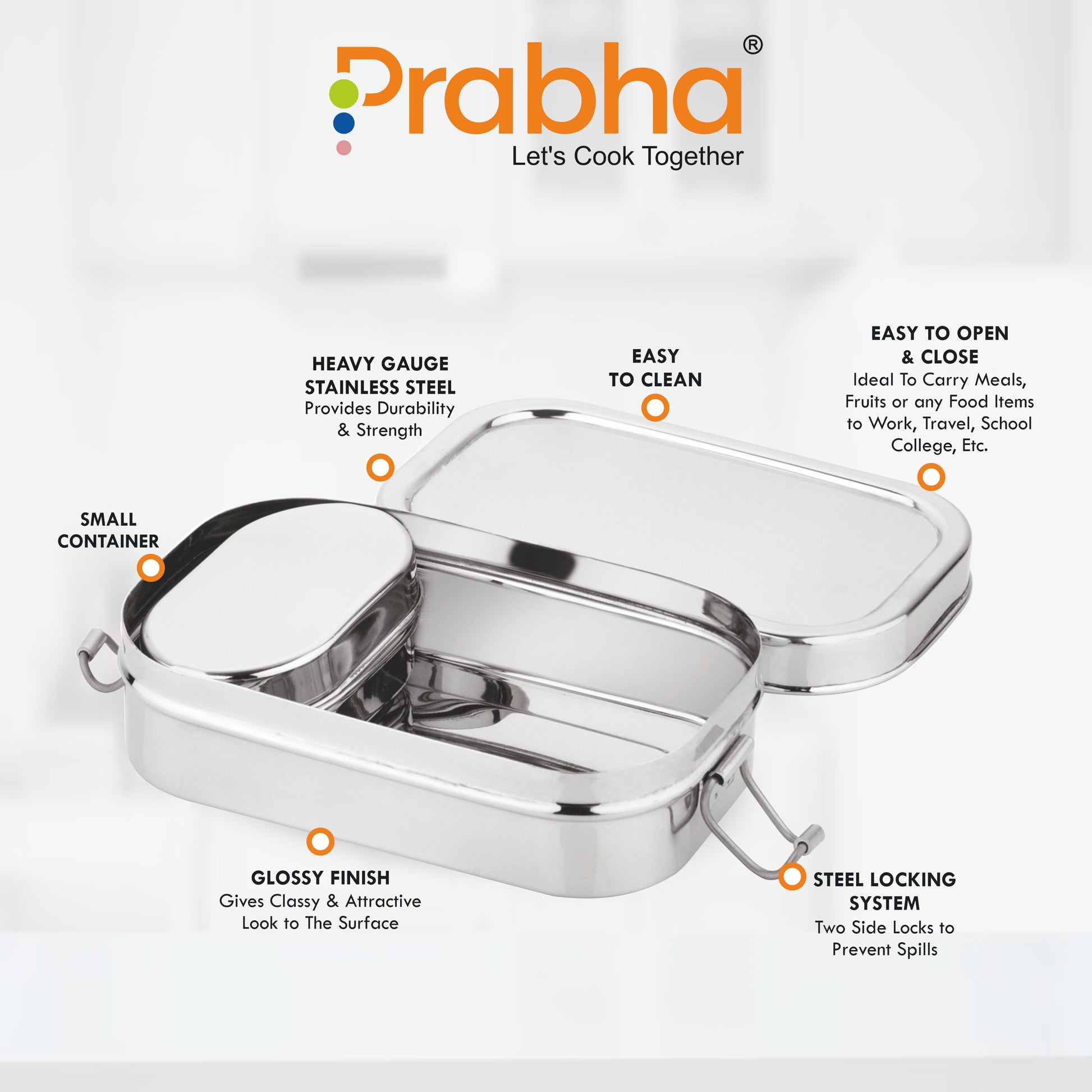 Stainless Steel Rectangle Lunch Box, Leak-Proof Container - Prabha