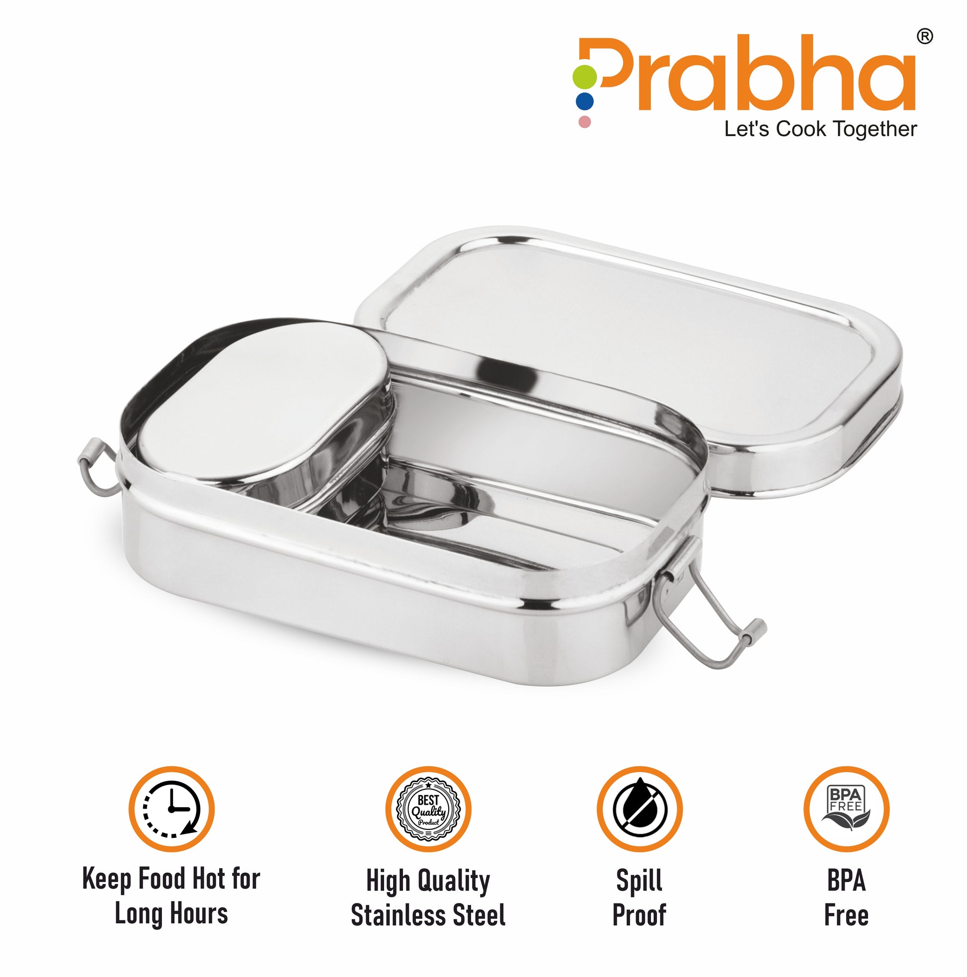 Stainless Steel Rectangle Lunch Box, Leak-Proof Container - Prabha