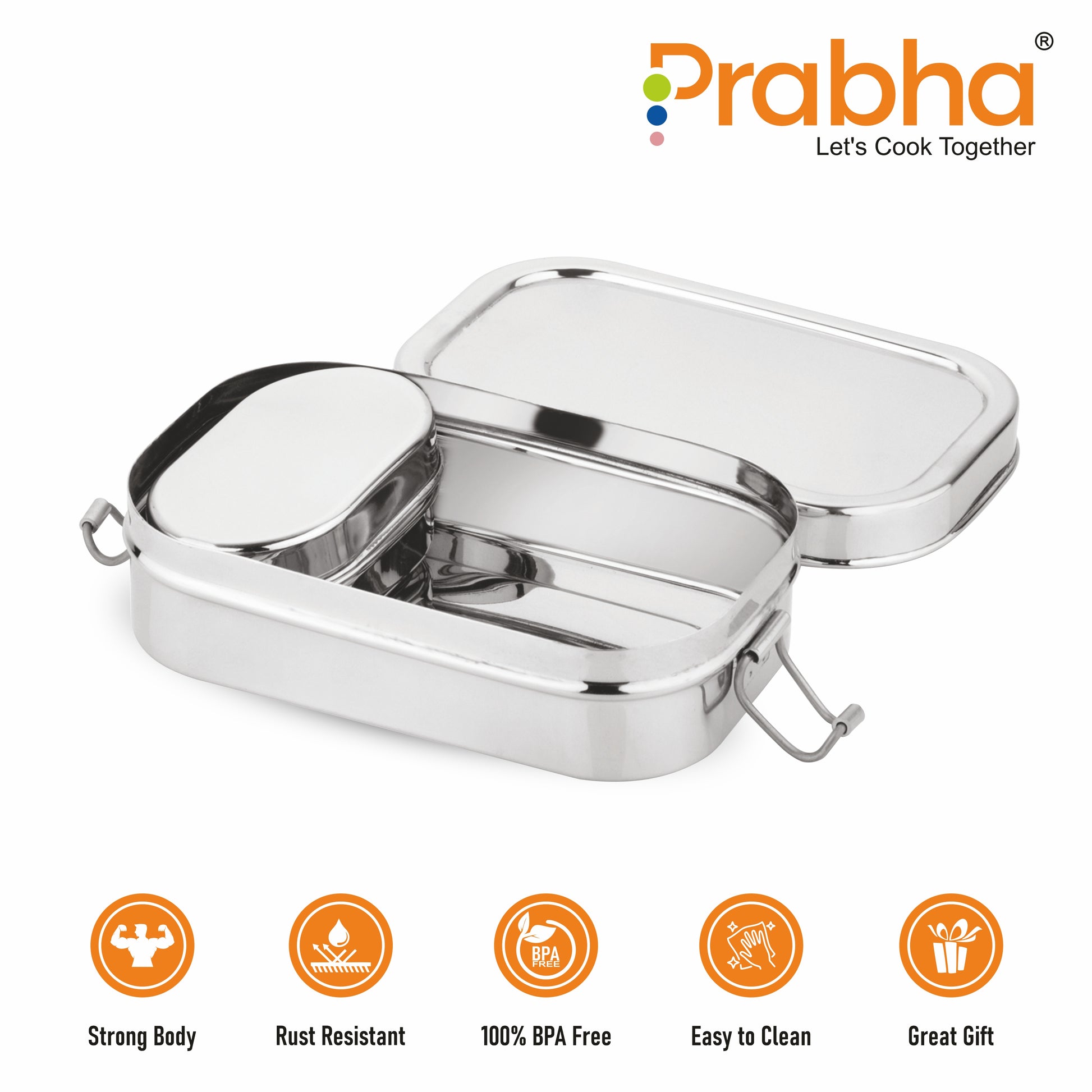 Stainless Steel Rectangle Lunch Box, Leak-Proof Container - Prabha
