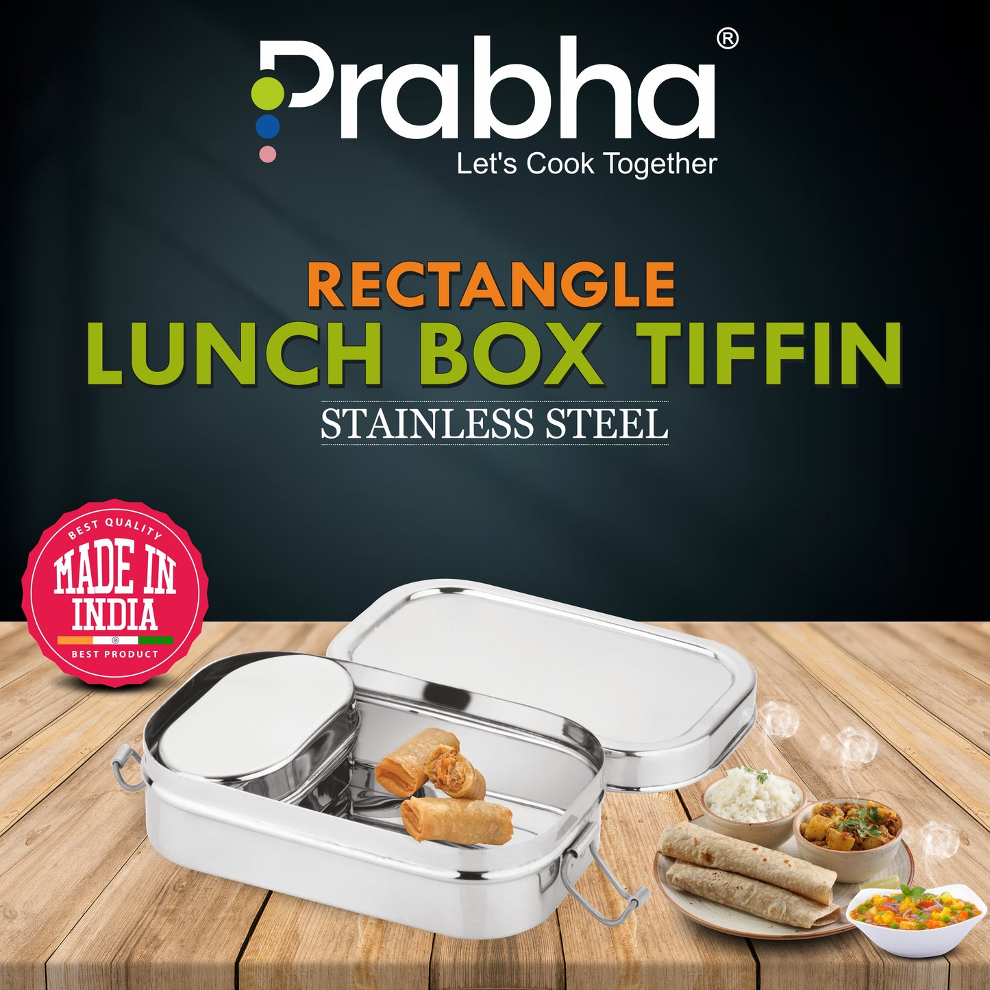 Stainless Steel Rectangle Lunch Box, Leak-Proof Container - Prabha