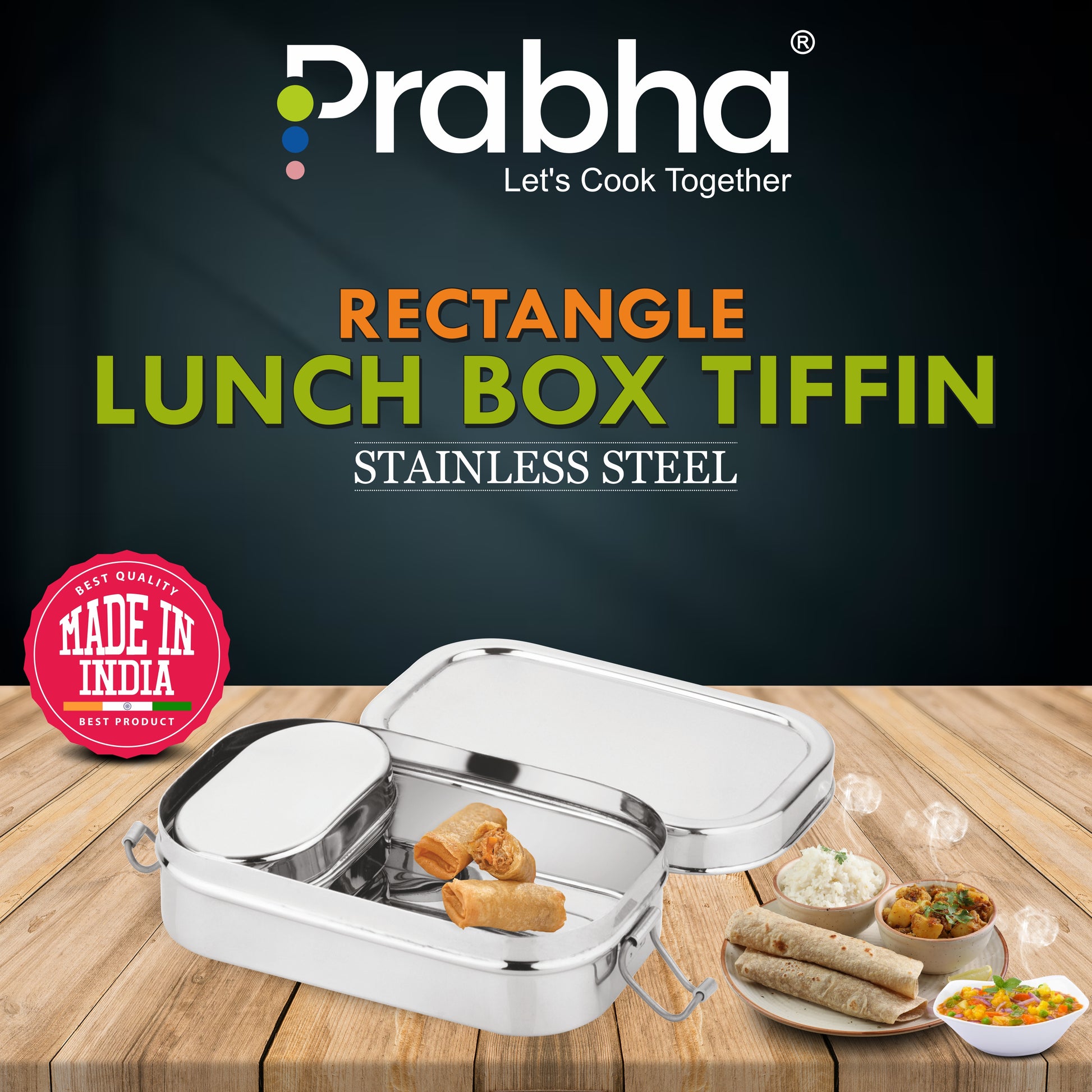 Stainless Steel Rectangle Lunch Box, Leak-Proof Container - Prabha