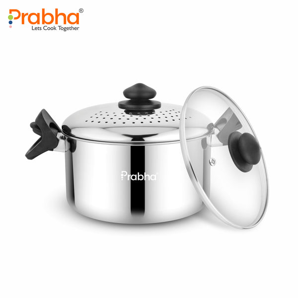 Stainless Steel Rice Pot With Strainer Lid & Glass Lid | 3-Layer Triply Bottom Induction Friendly