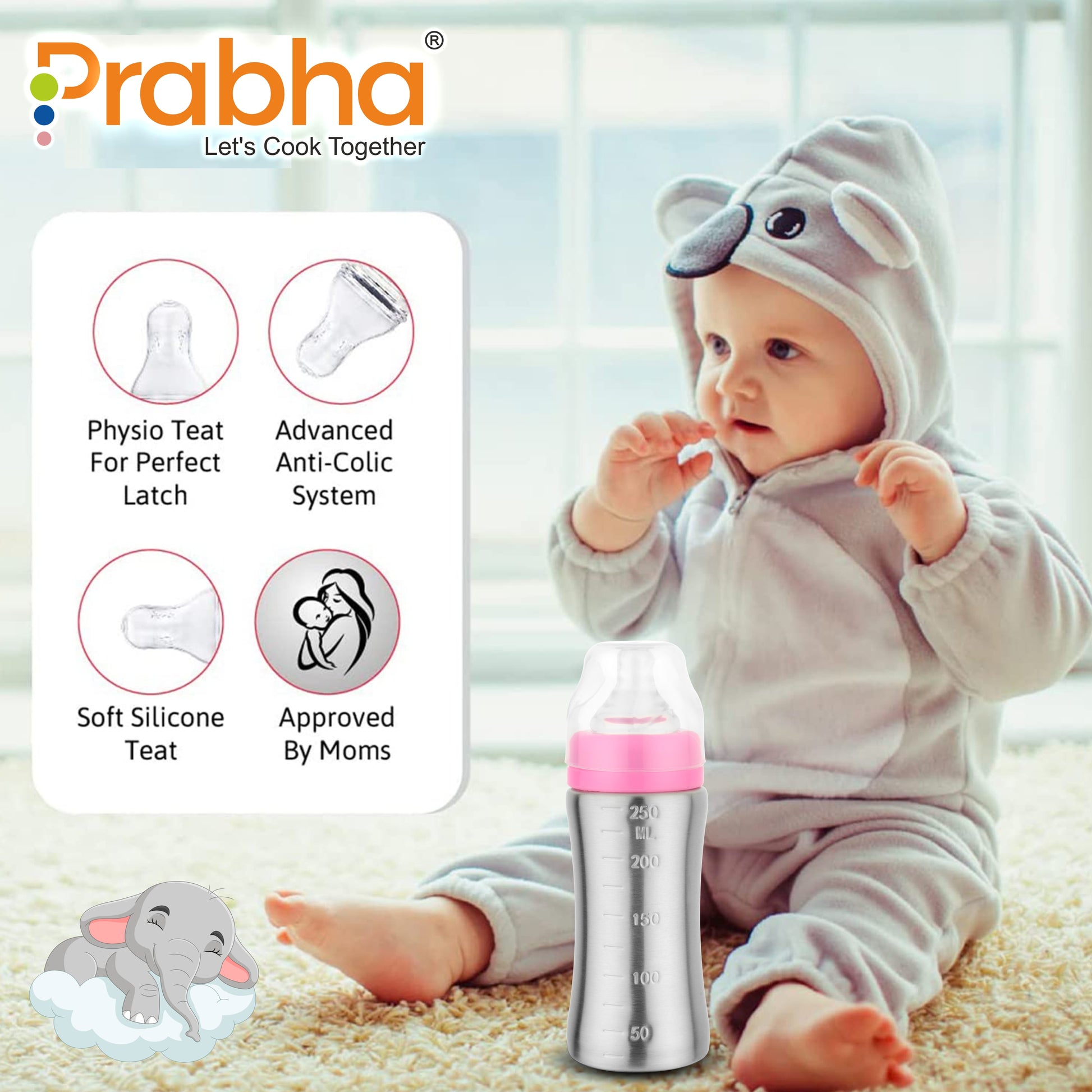 Sippy Pure Steel Feeding Bottle, 250ML