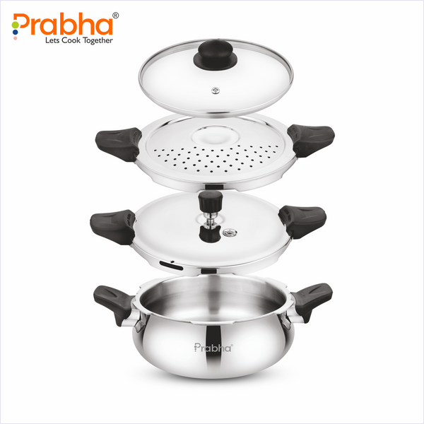 Tri-Ply Smart Handi Cooker 3.5 Litre with Strainer Lid, Pressure Lid & Glass Lid | 3-in-1 Versatile Cooking System | Tri-Ply Stainless Steel | Induction Friendly