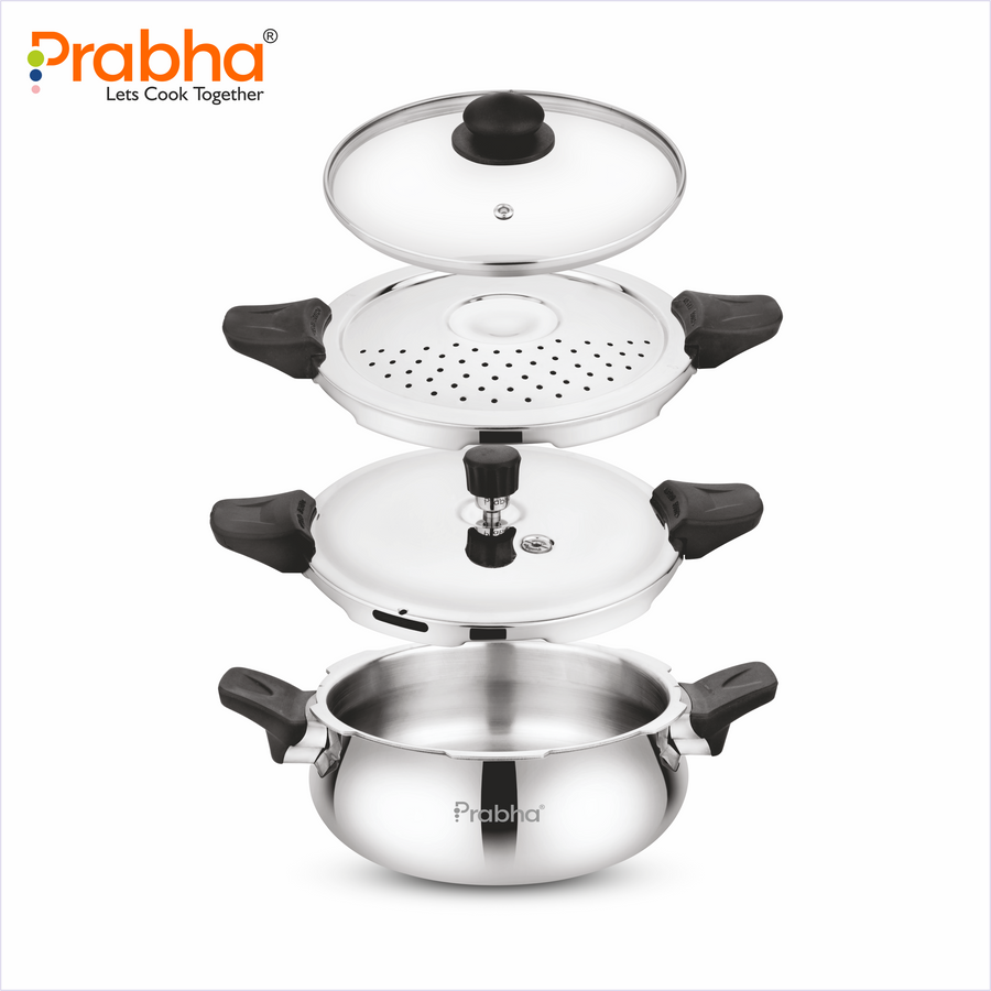 Tri-Ply Smart Handi Cooker 3.5 Litre with Strainer Lid, Pressure Lid & Glass Lid | 3-in-1 Versatile Cooking System | Tri-Ply Stainless Steel | Induction Friendly