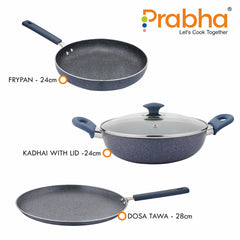 Stella Nonstick 4Pcs Set (Kadhai 24Cm With Lid, Frypan 24Cm, Dosa Tawa 28Cm)
