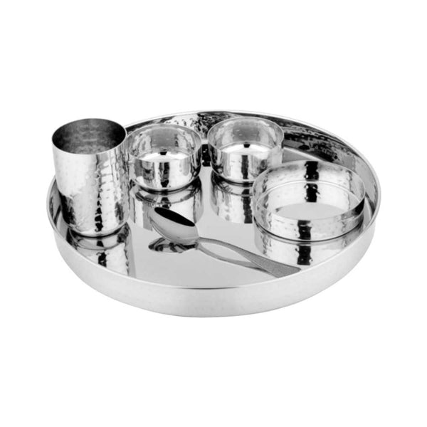 Prabha Stainless Steel Supreme Hammered Thali Set Bhojan Thali Set of Dinner Plate, Halwa Plate, Katori Bowl, Glass, Spoon for Family Dinner Set Home Restaurants Hotels Event & Parties