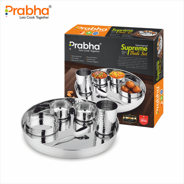 Prabha Stainless Steel Supreme Hammered Thali Set Bhojan Thali Set of Dinner Plate, Halwa Plate, Katori Bowl, Glass, Spoon for Family Dinner Set Home Restaurants Hotels Event & Parties