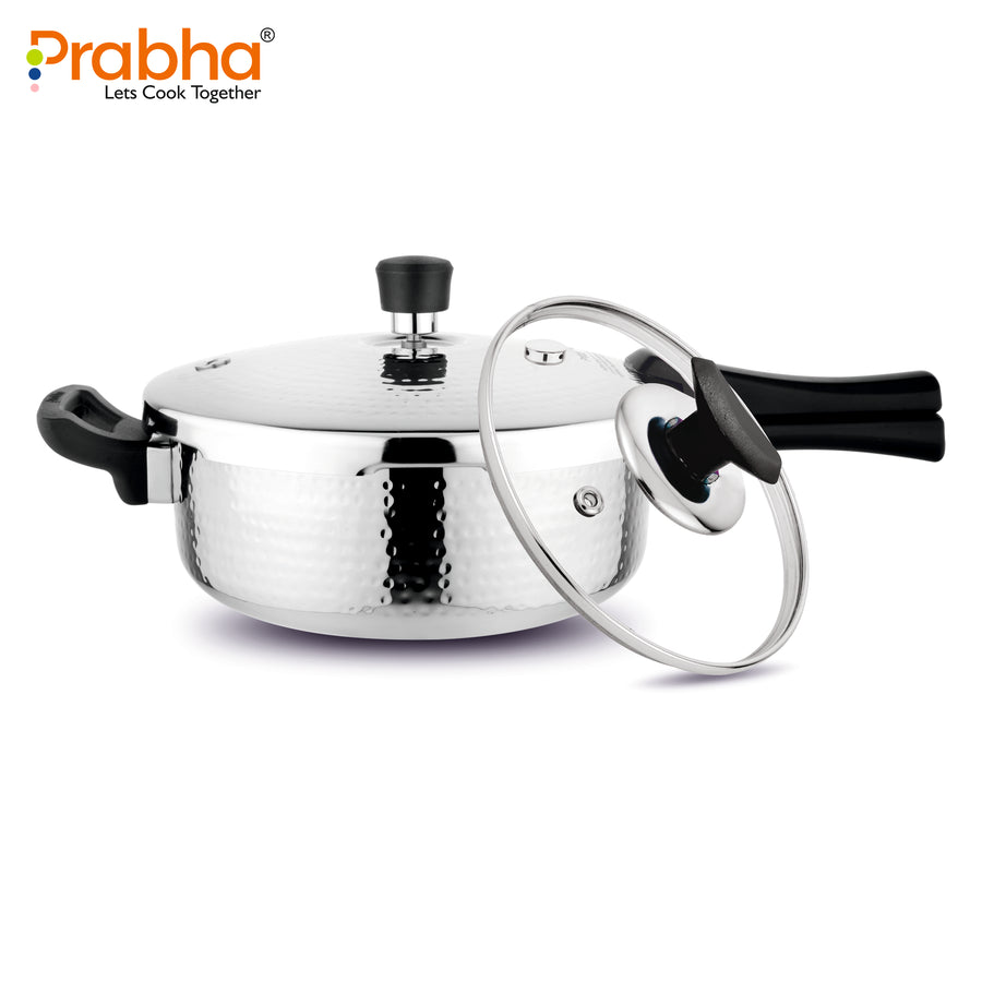 Tri-Ply Whizz Plus Hammered Pressure Pan with Steel & Glass Lid
