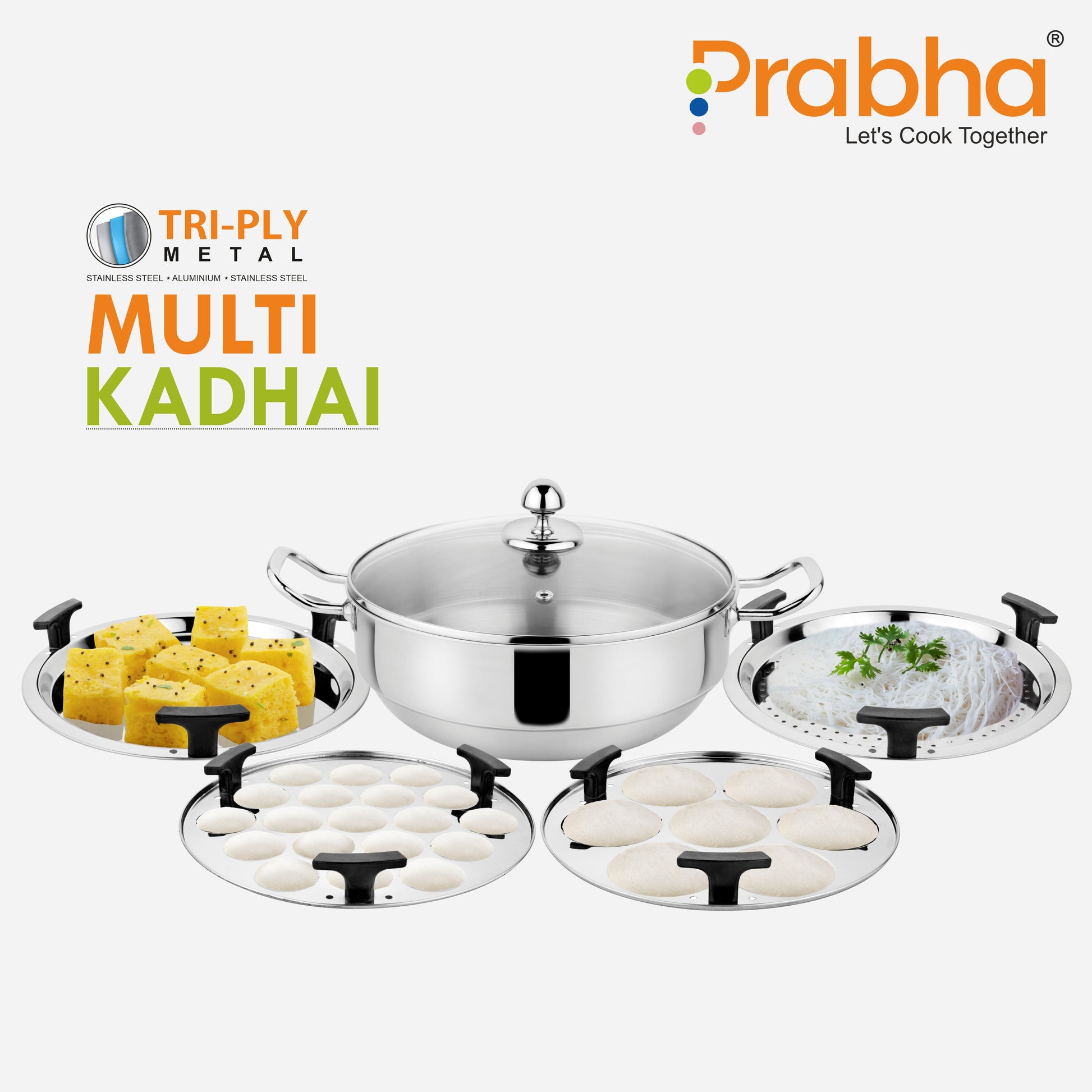 Stainless Steel Tri-Ply Ib Multi Kadhai Plain (6 Plates) - Prabha
