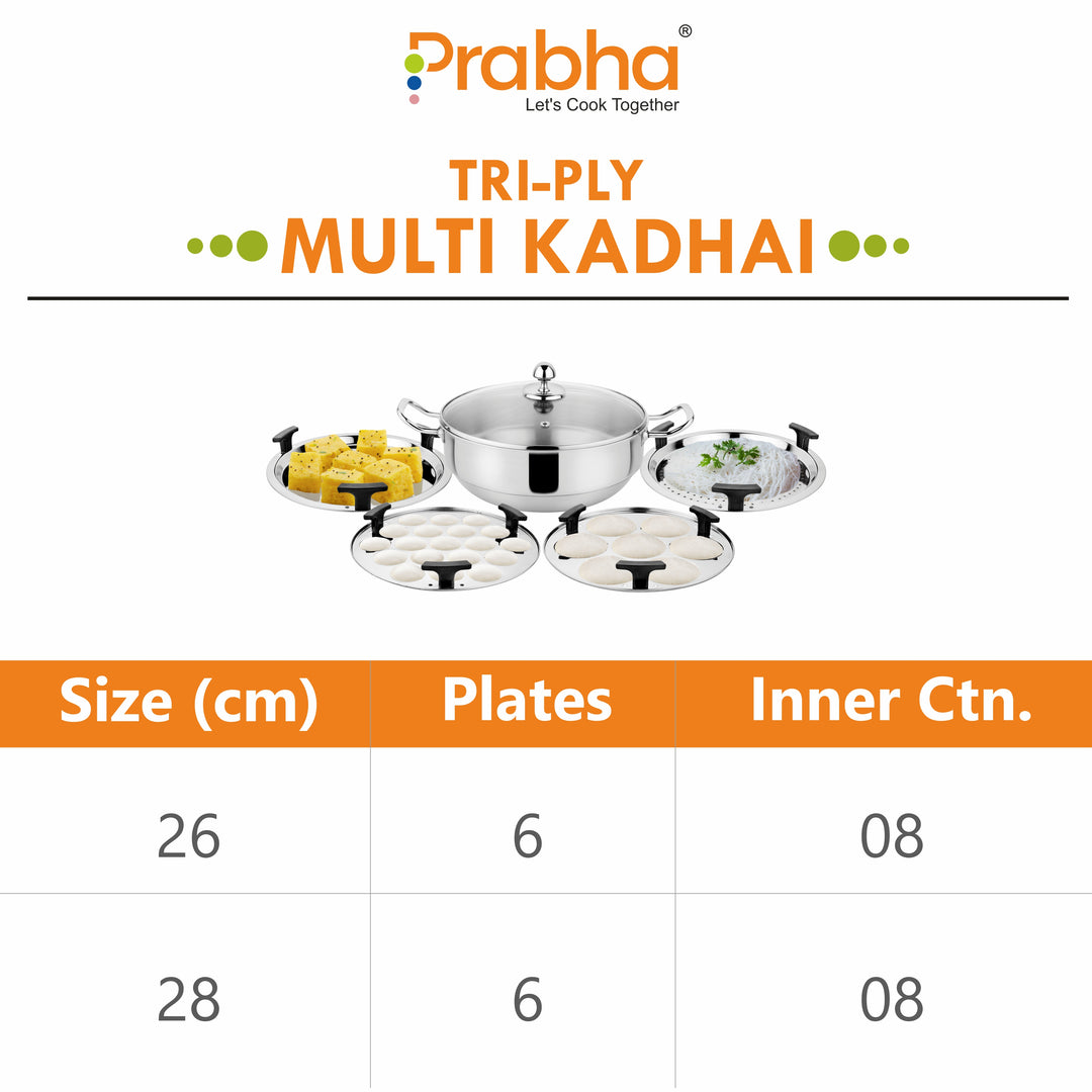 Stainless Steel Tri-Ply Ib Multi Kadhai Plain (6 Plates)