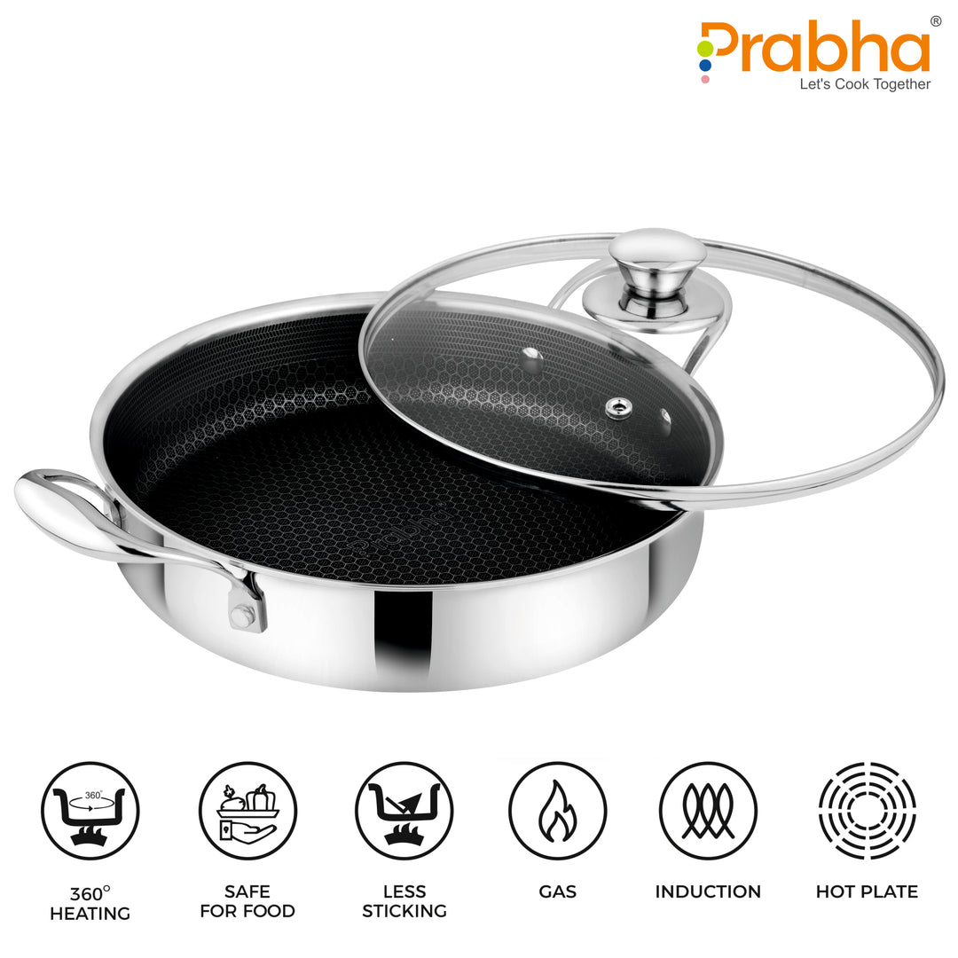 Tri-ply Hexa Cube Saute Pan With Glass Lid