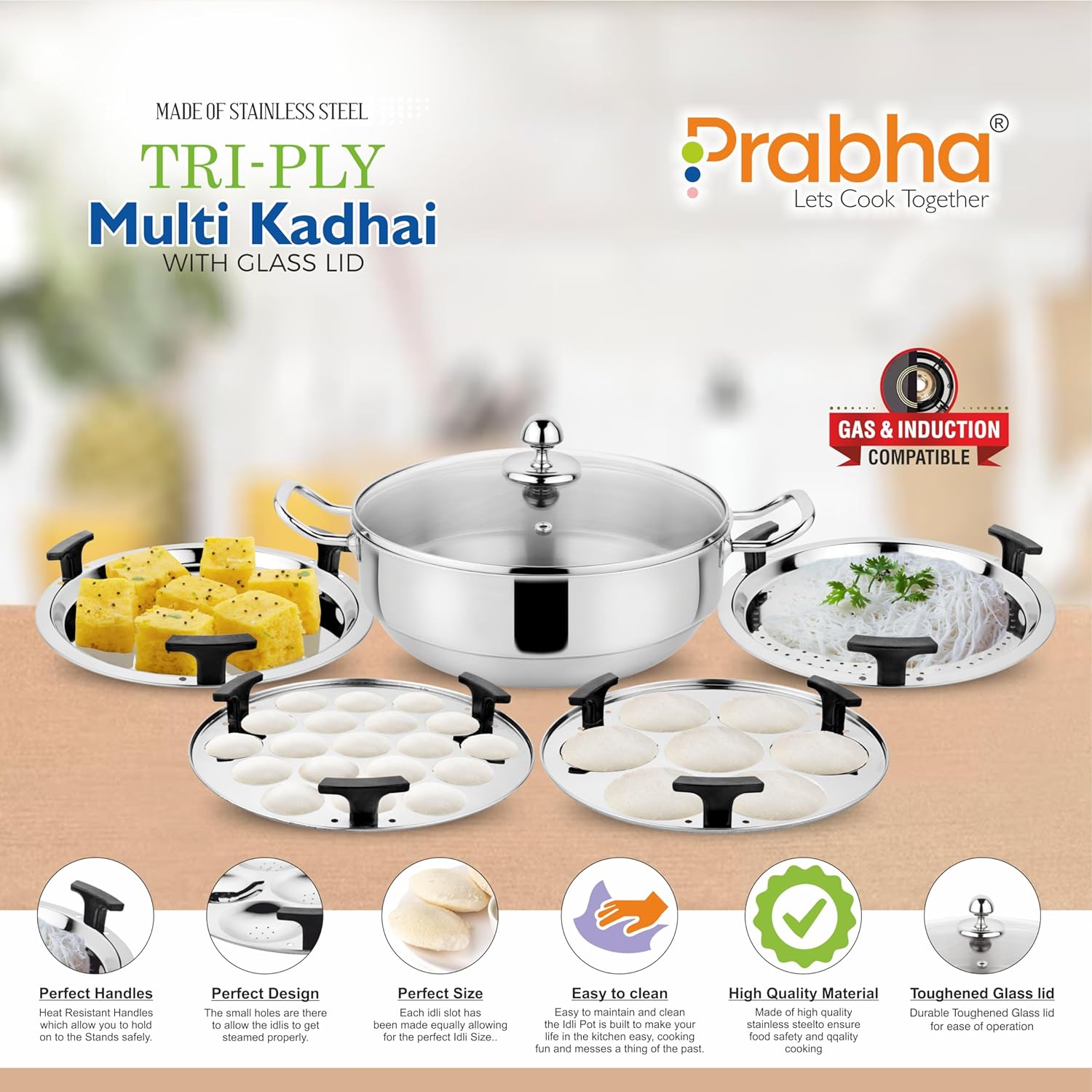 Stainless Steel Tri-Ply Multi Kadhai Plain (6 Plates)